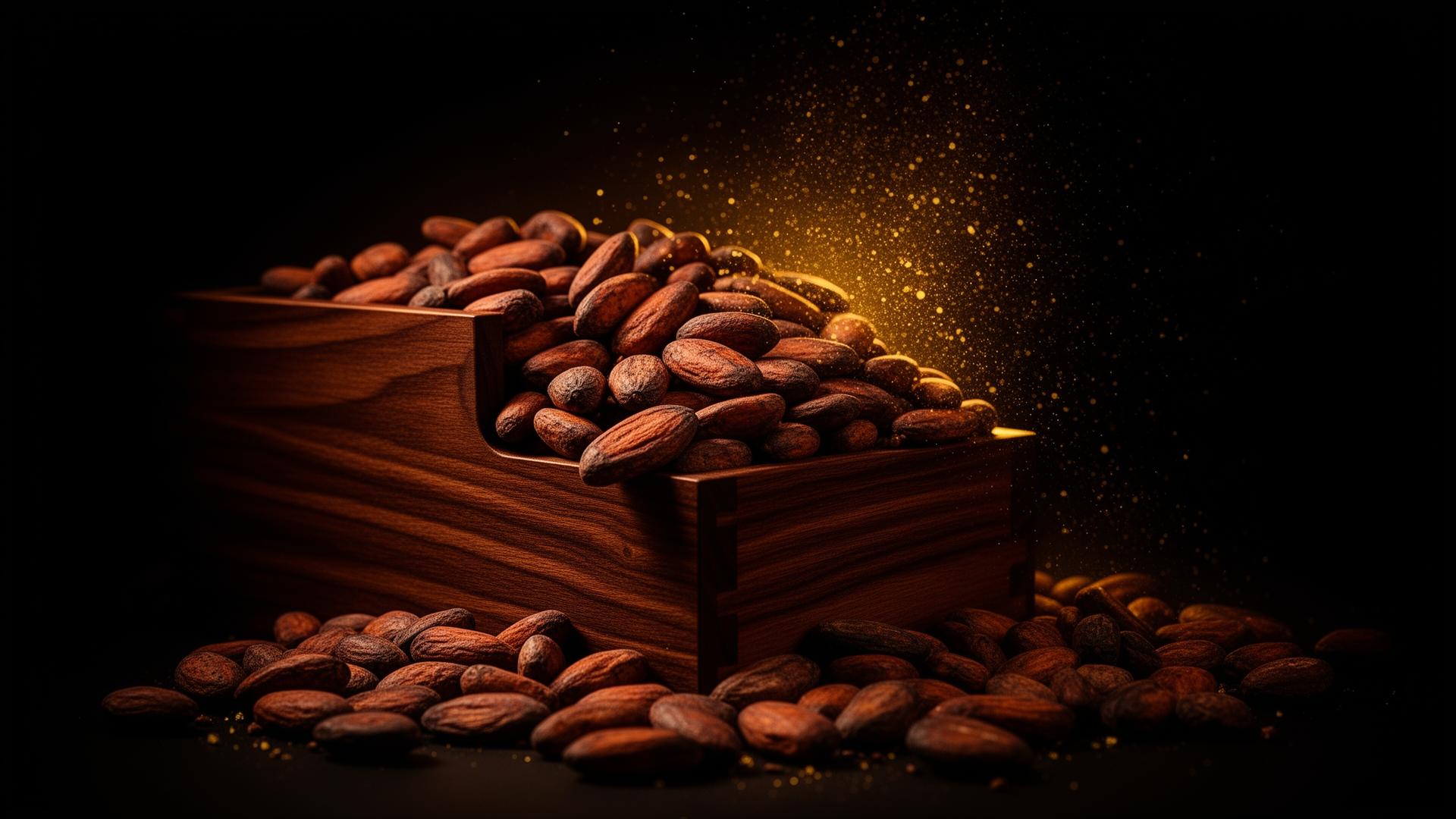 Premium Venezuelan cacao beans in a wooden box
